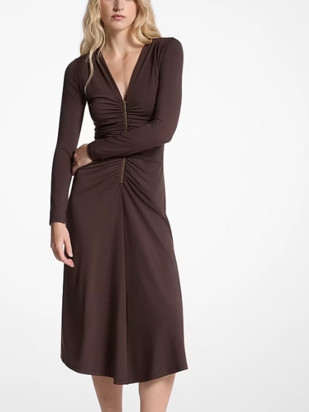 Michael kors Black Long-Sleeve Ruched Front Midi Dress with Gold Zip